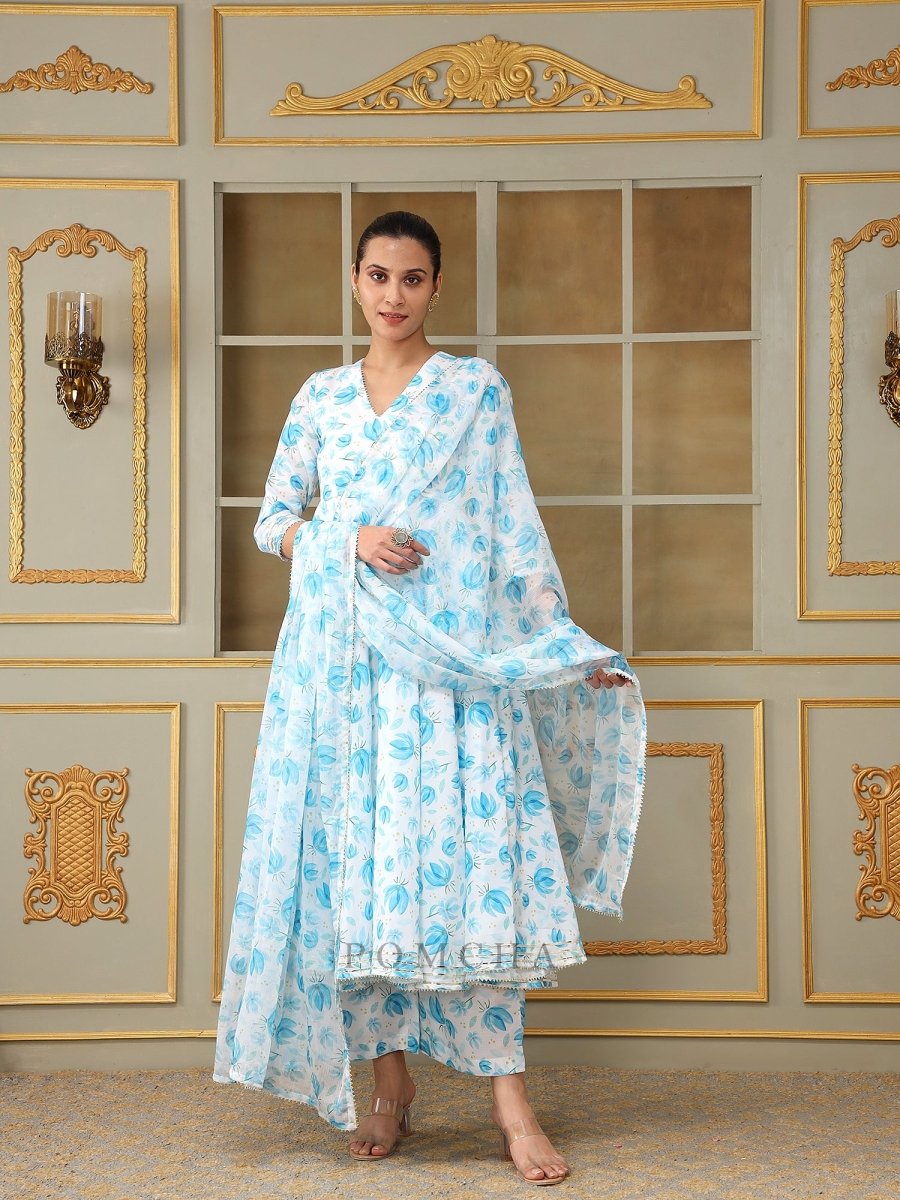 SAADGI BLUE PHOOL ANARKALI SET - Pomcha Jaipur
