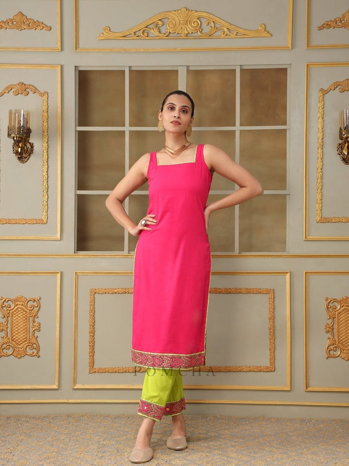 SAADGI GULABI LACE PINK STRAIGHT SUIT SET - Pomcha Jaipur