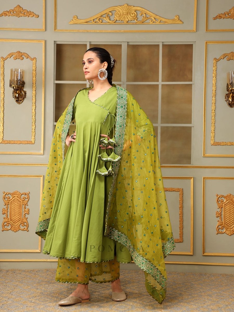 SAADGI MEHENDI GREEN MIRROR WORK ANGRAKHA SET - Pomcha Jaipur