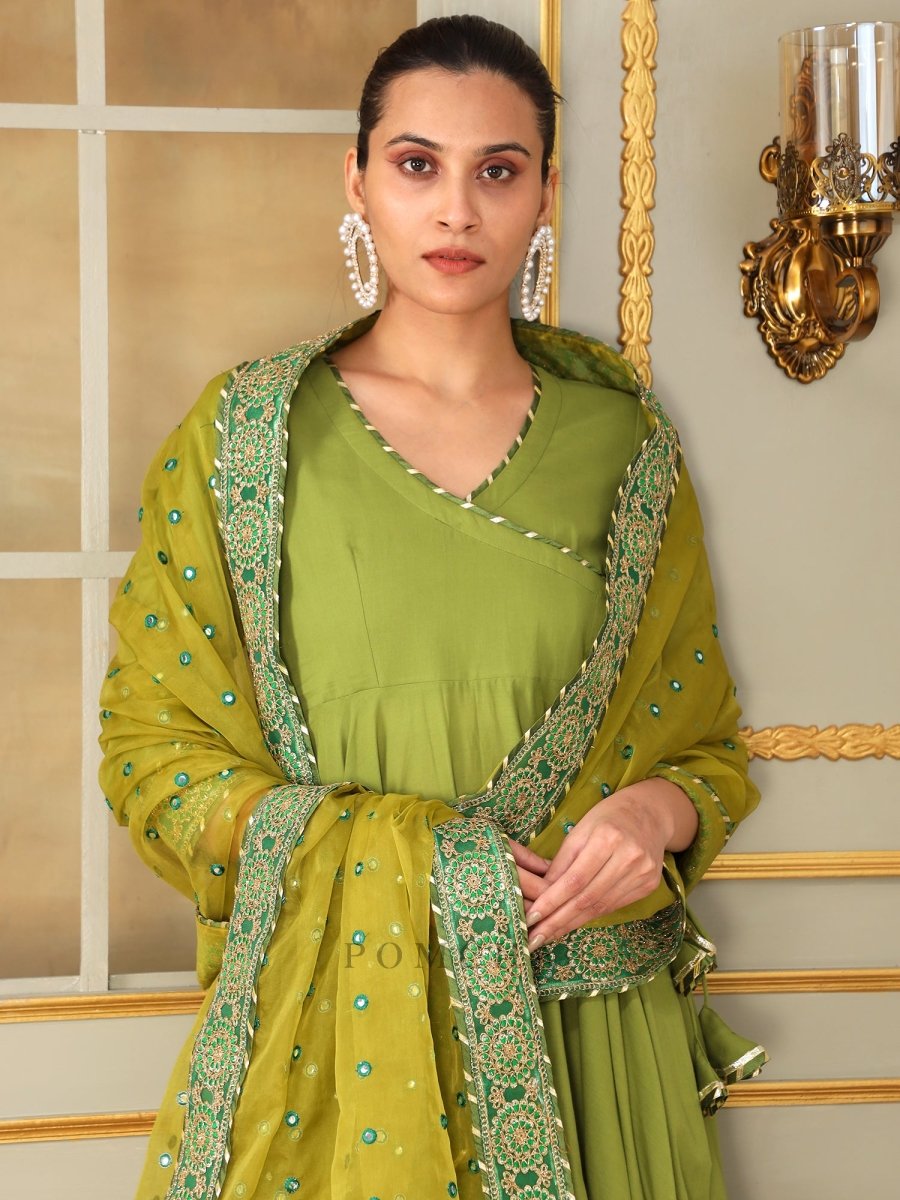 SAADGI MEHENDI GREEN MIRROR WORK ANGRAKHA SET - Pomcha Jaipur