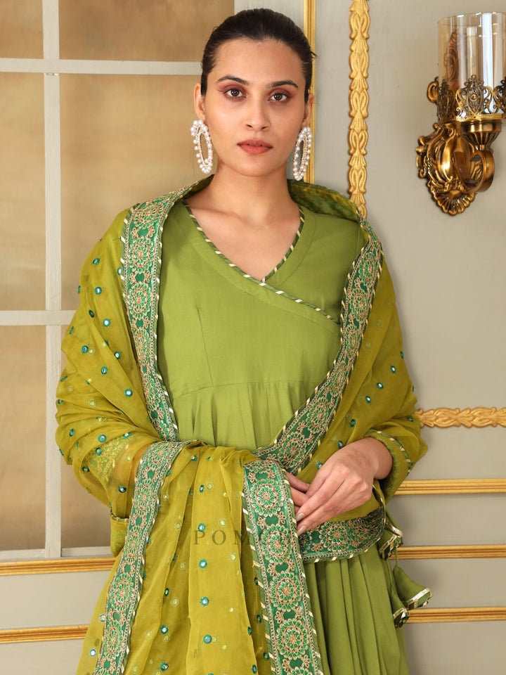 SAADGI MEHENDI GREEN MIRROR WORK ANGRAKHA SET - Pomcha Jaipur