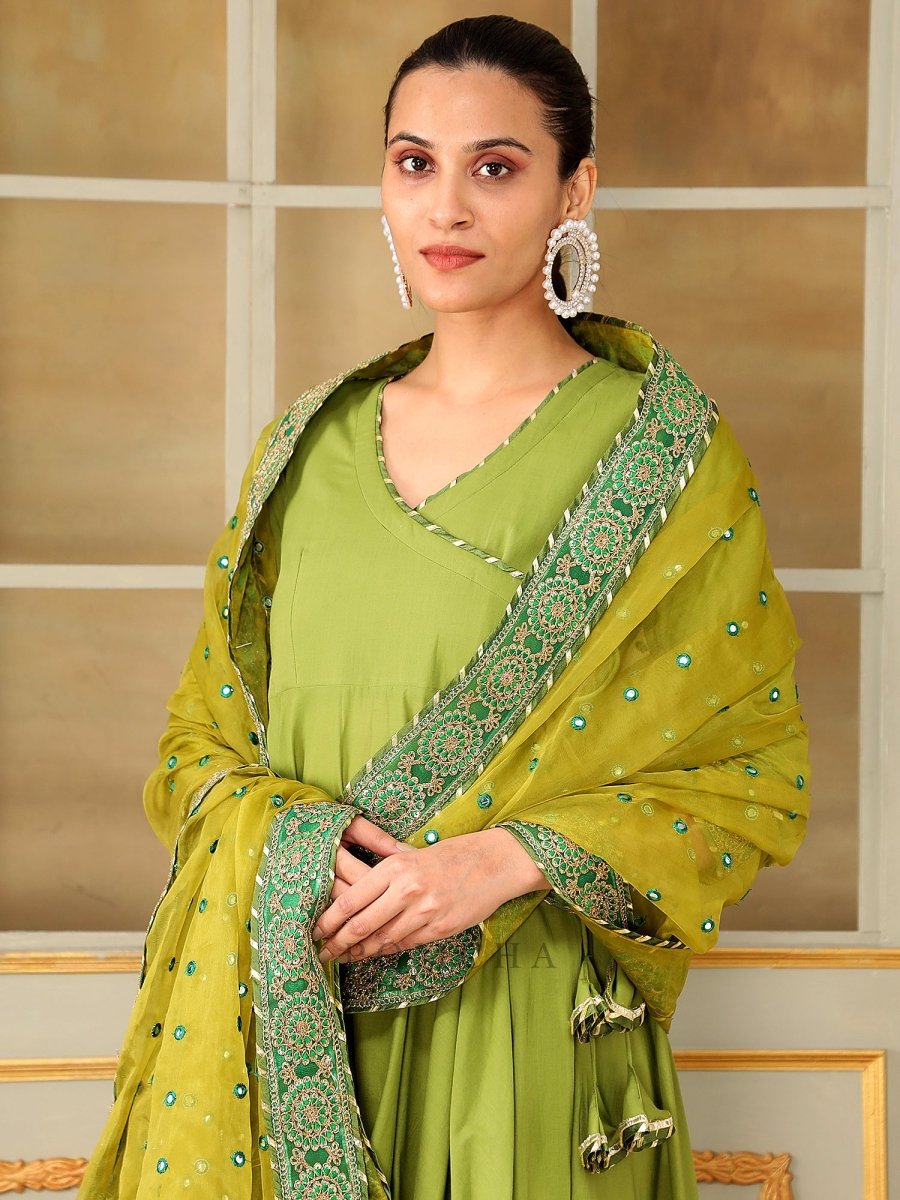 SAADGI MEHENDI GREEN MIRROR WORK ANGRAKHA SET - Pomcha Jaipur