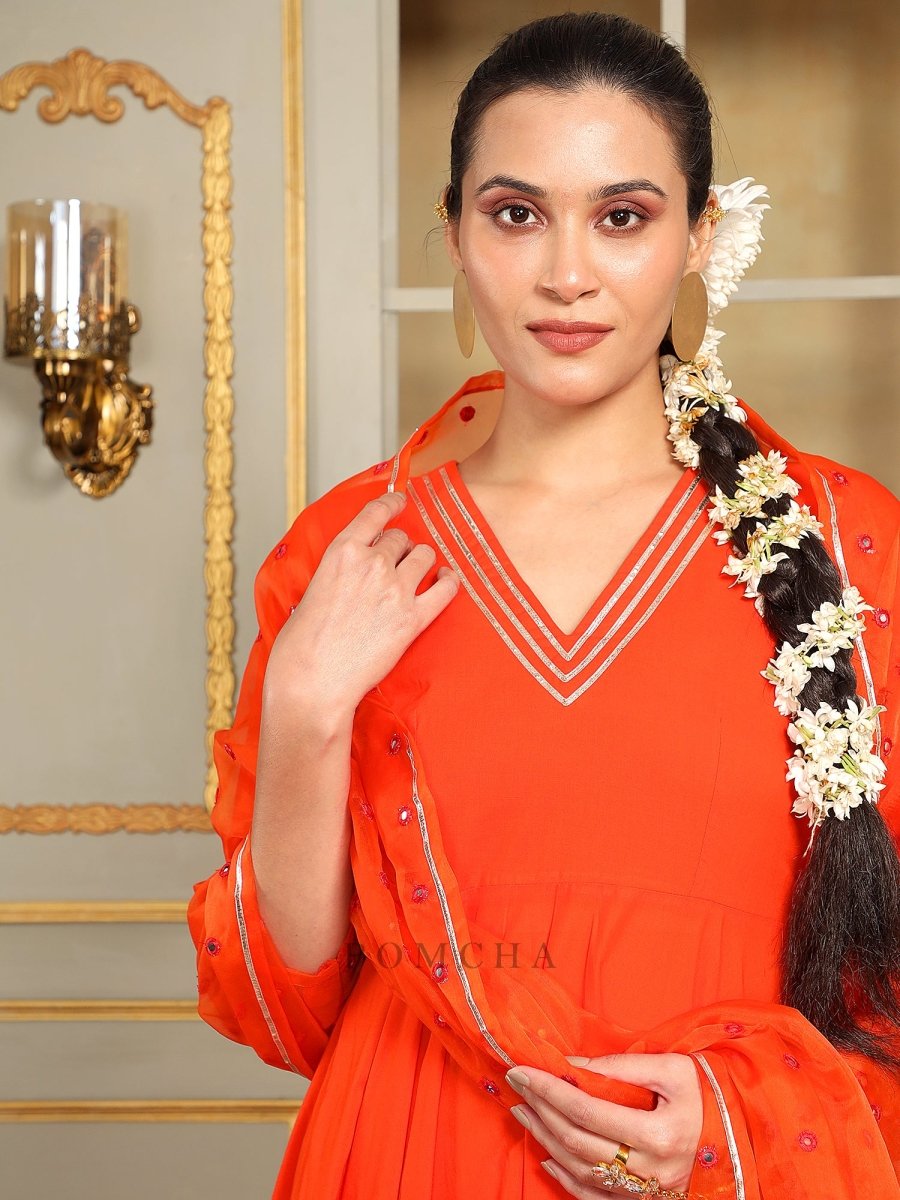 SAADGI ORANGE MIRROR WORK ANARKALI SET - Pomcha Jaipur