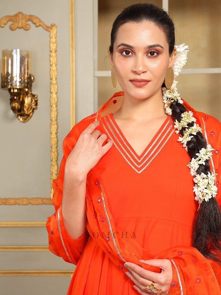 SAADGI ORANGE MIRROR WORK ANARKALI SET - Pomcha Jaipur