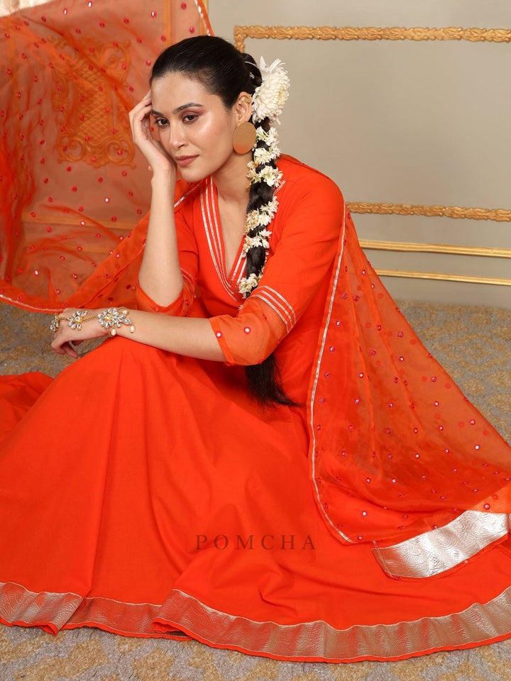 SAADGI ORANGE MIRROR WORK ANARKALI SET - Pomcha Jaipur