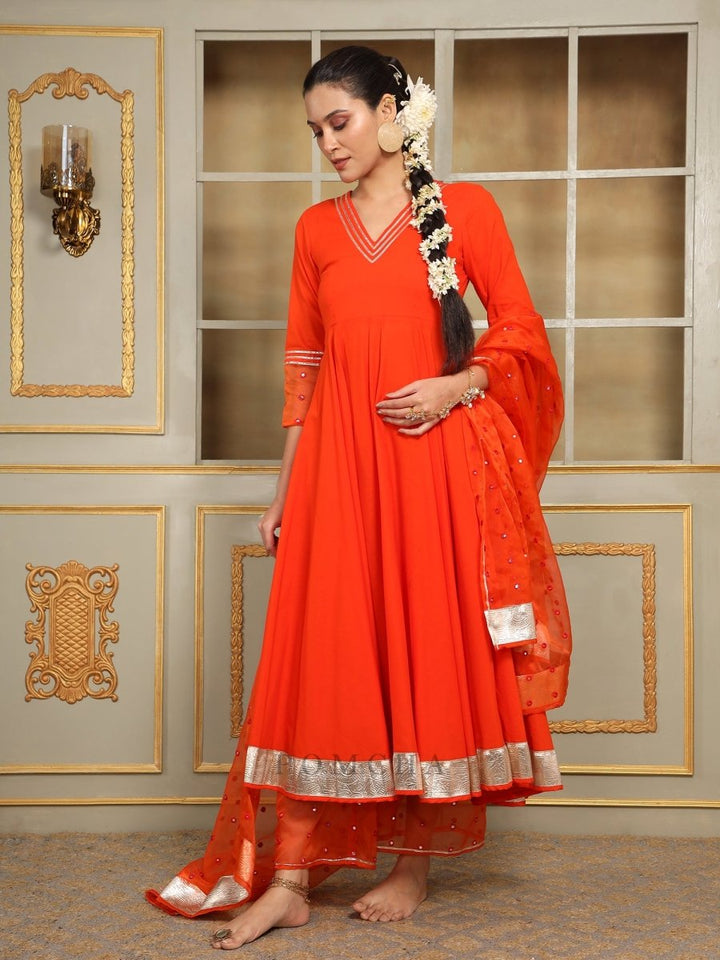 SAADGI ORANGE MIRROR WORK ANARKALI SET - Pomcha Jaipur