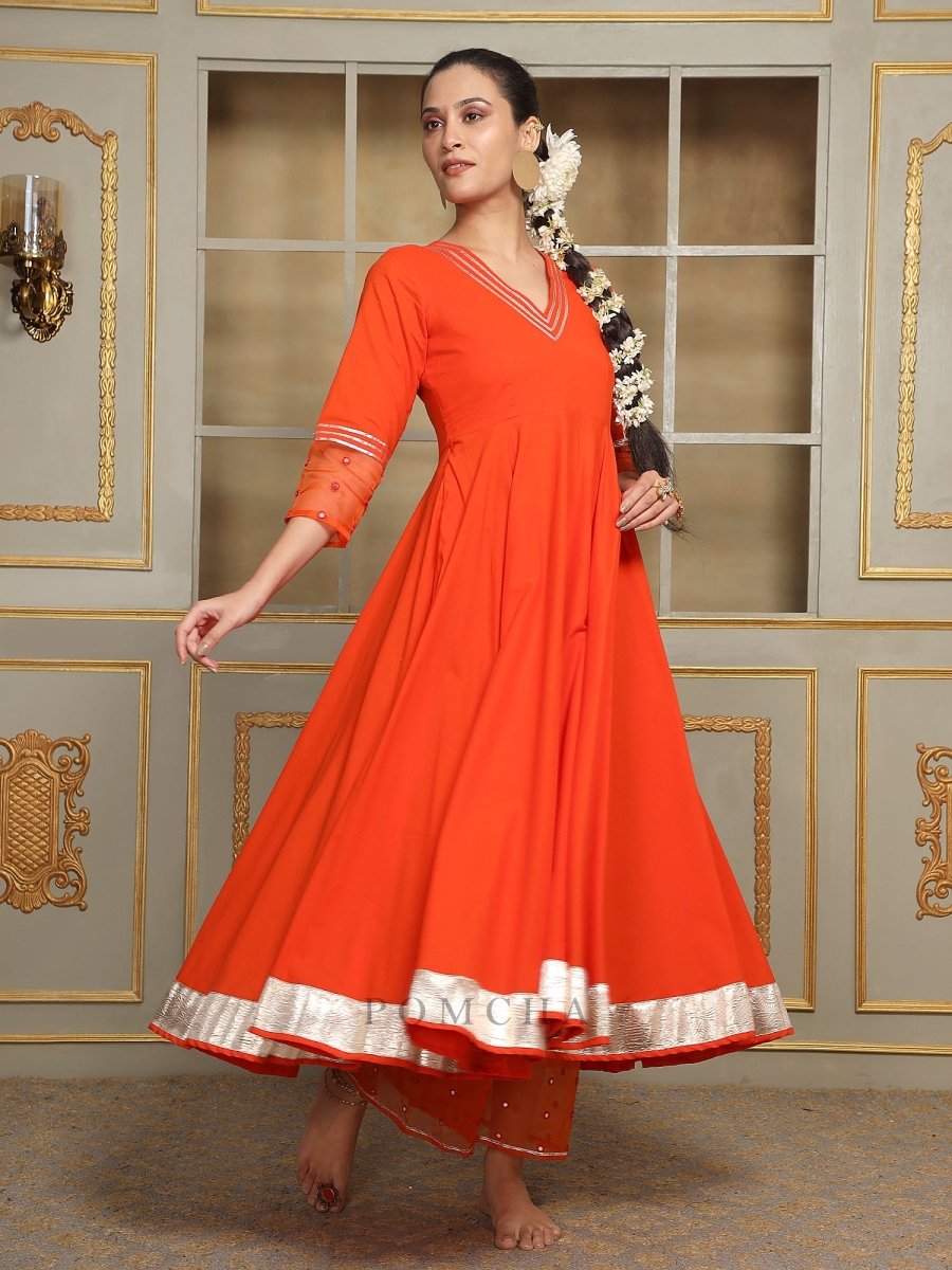 SAADGI ORANGE MIRROR WORK ANARKALI SET - Pomcha Jaipur