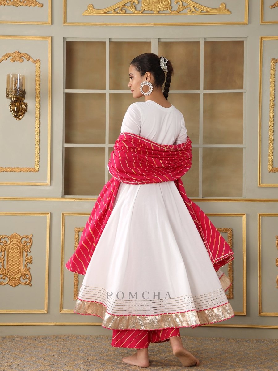 SAADGI PINK LEHERIYA WHITE ANARKALI SET - Pomcha Jaipur