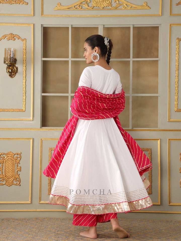 SAADGI PINK LEHERIYA WHITE ANARKALI SET - Pomcha Jaipur