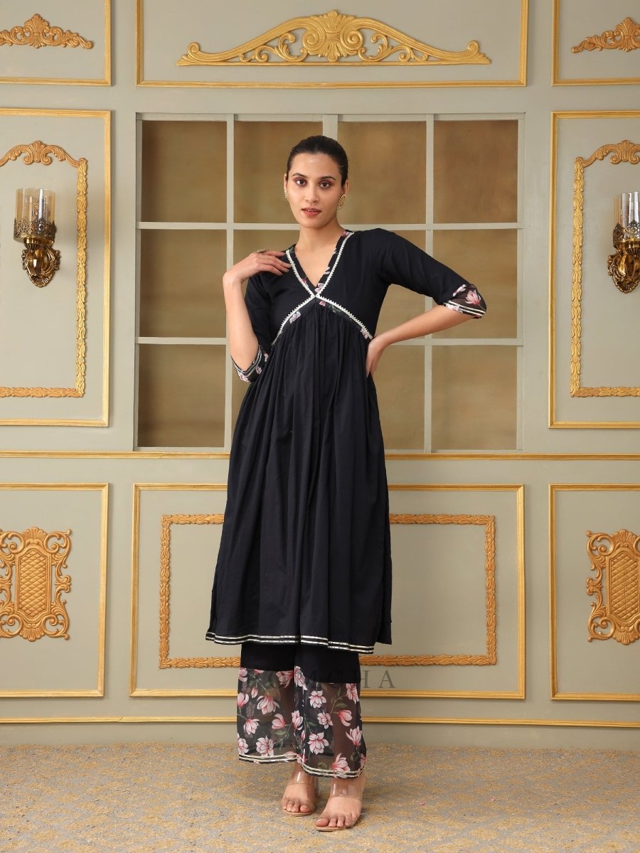 SAADGI PINK LOTUS BLACK STRAIGHT SUIT SET - Pomcha Jaipur