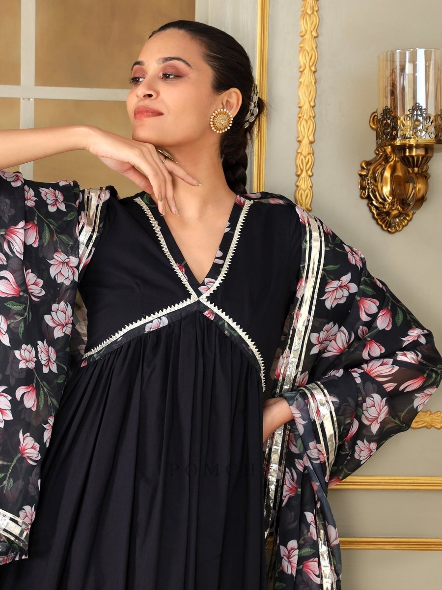 SAADGI PINK LOTUS BLACK STRAIGHT SUIT SET - Pomcha Jaipur