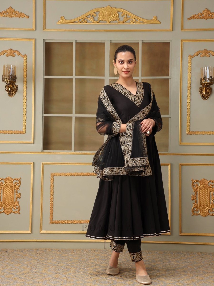 SAADGI SUNHERI LACE BLACK ANARKALI SET - Pomcha Jaipur