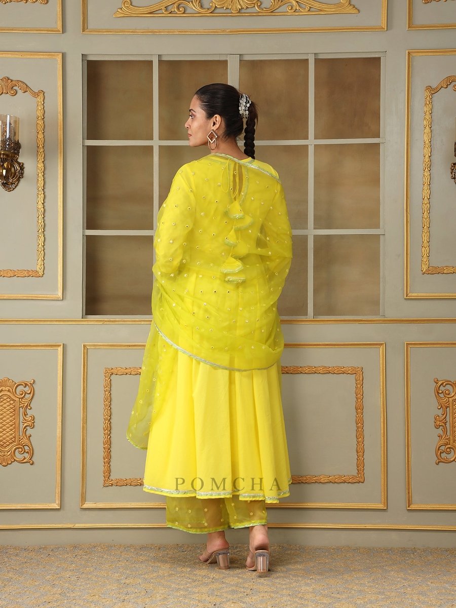 SAADGI YELLOW MIRROR WORK ANARKALI SET - Pomcha Jaipur