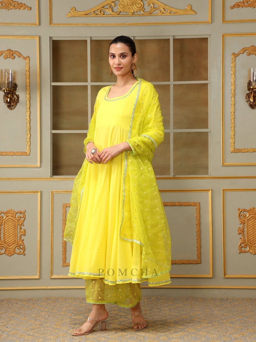 SAADGI YELLOW MIRROR WORK ANARKALI SET - Pomcha Jaipur