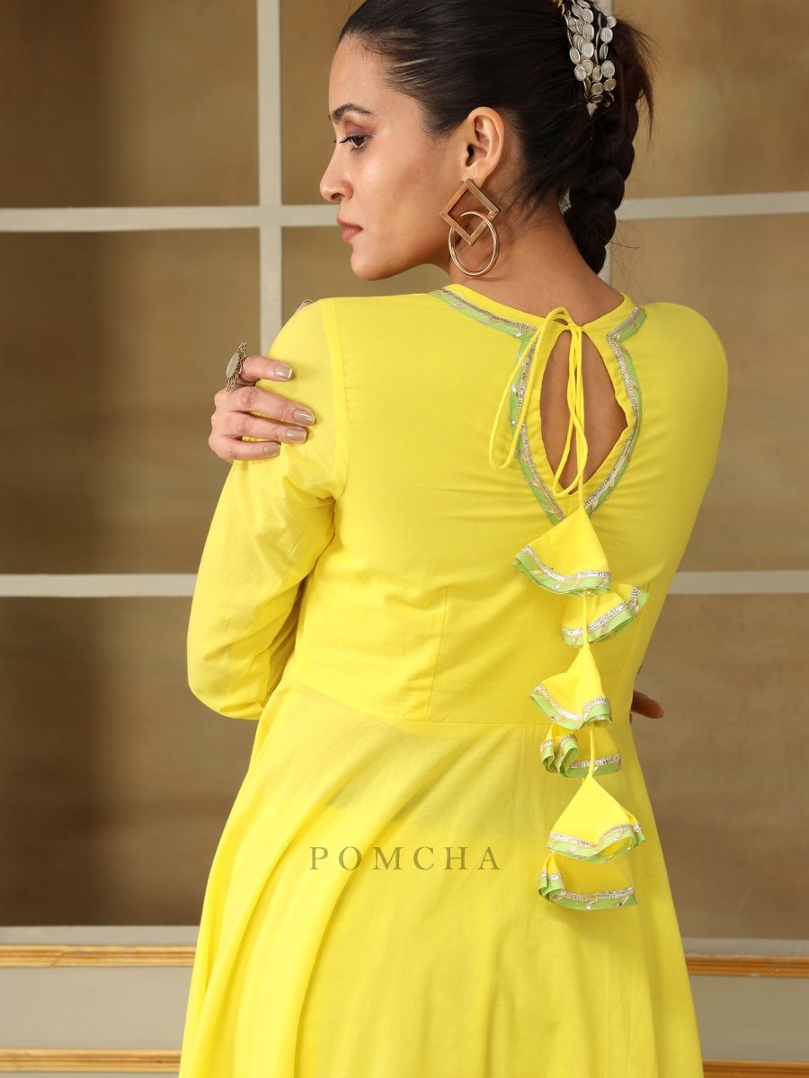 SAADGI YELLOW MIRROR WORK ANARKALI SET - Pomcha Jaipur