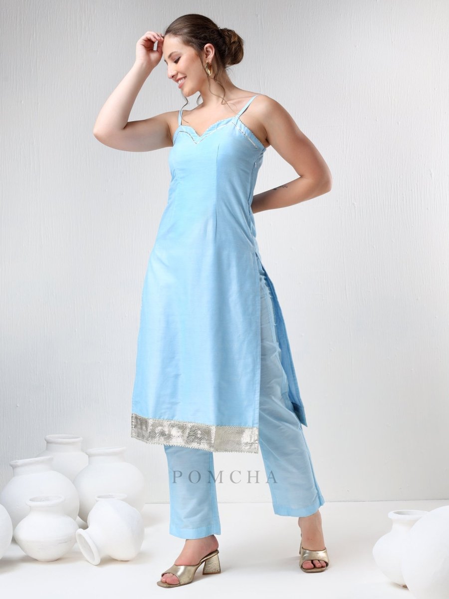SADABHAR AQUA BLUE COTTON SILK SUIT SET - Pomcha Jaipur