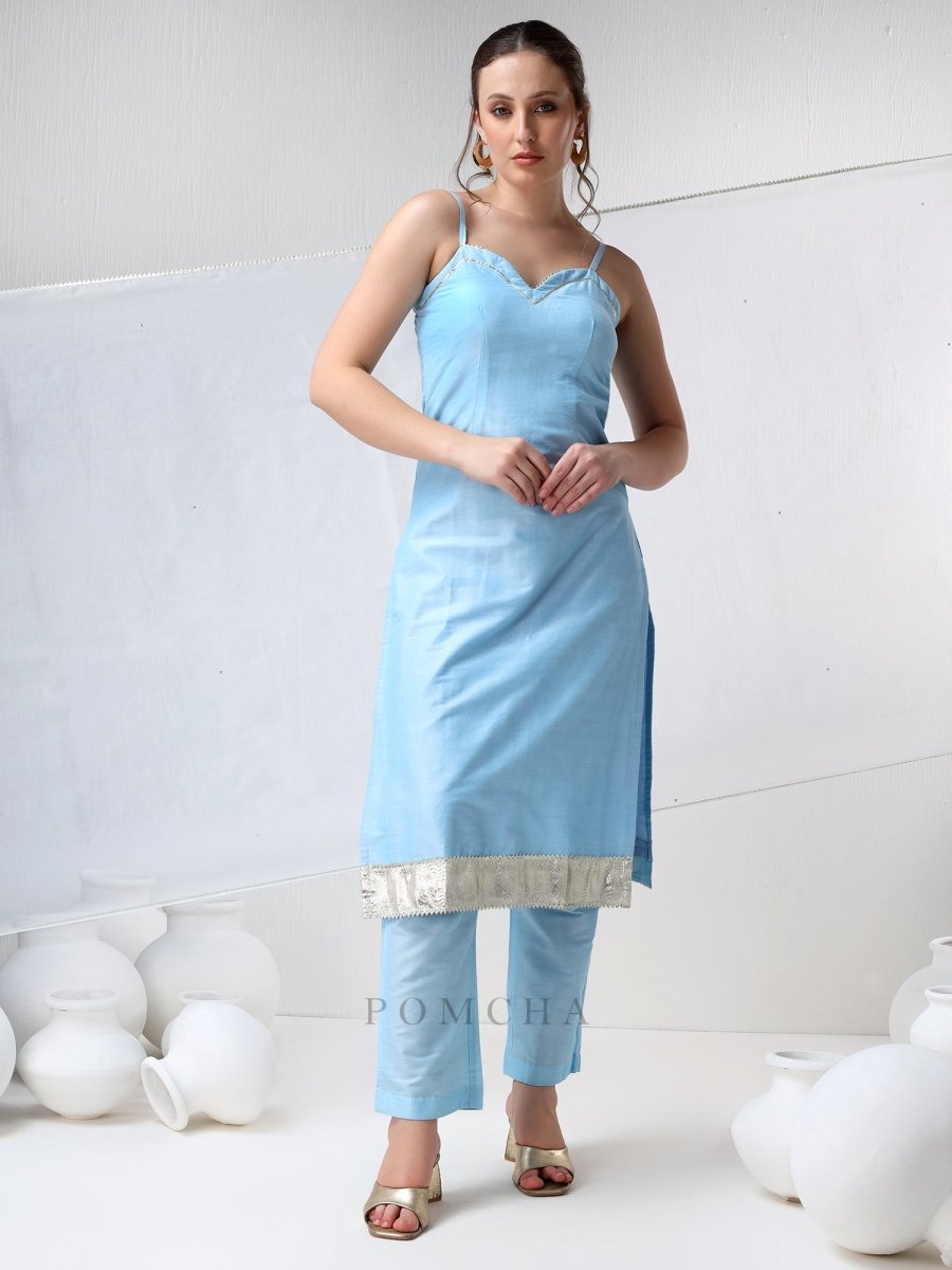 SADABHAR AQUA BLUE COTTON SILK SUIT SET - Pomcha Jaipur