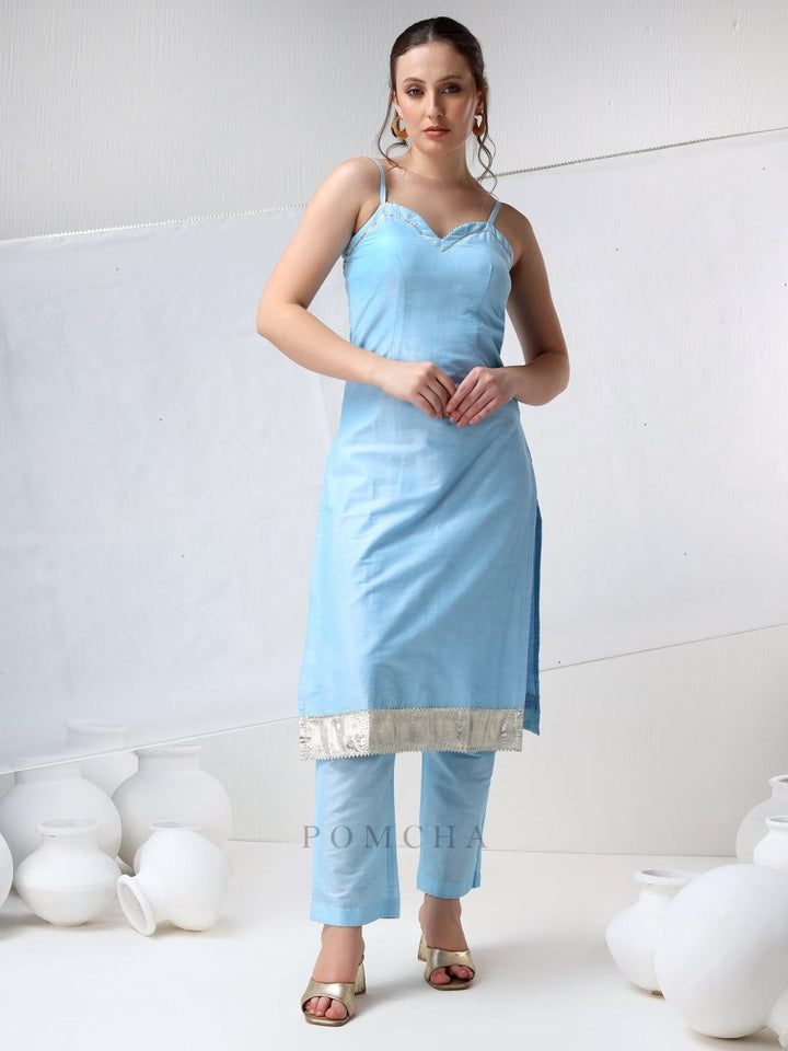 SADABHAR AQUA BLUE COTTON SILK SUIT SET - Pomcha Jaipur