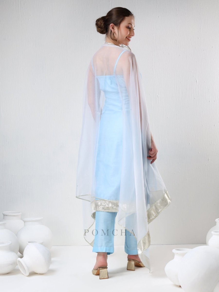 SADABHAR AQUA BLUE COTTON SILK SUIT SET - Pomcha Jaipur