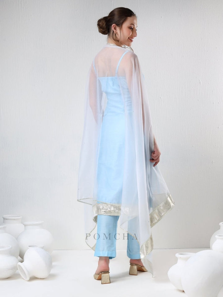 SADABHAR AQUA BLUE COTTON SILK SUIT SET - Pomcha Jaipur