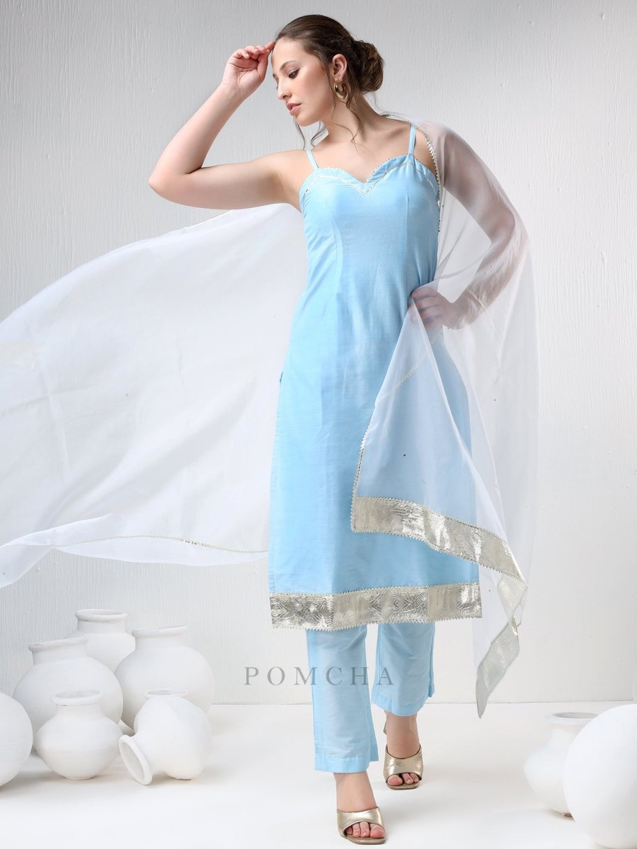 SADABHAR AQUA BLUE COTTON SILK SUIT SET - Pomcha Jaipur
