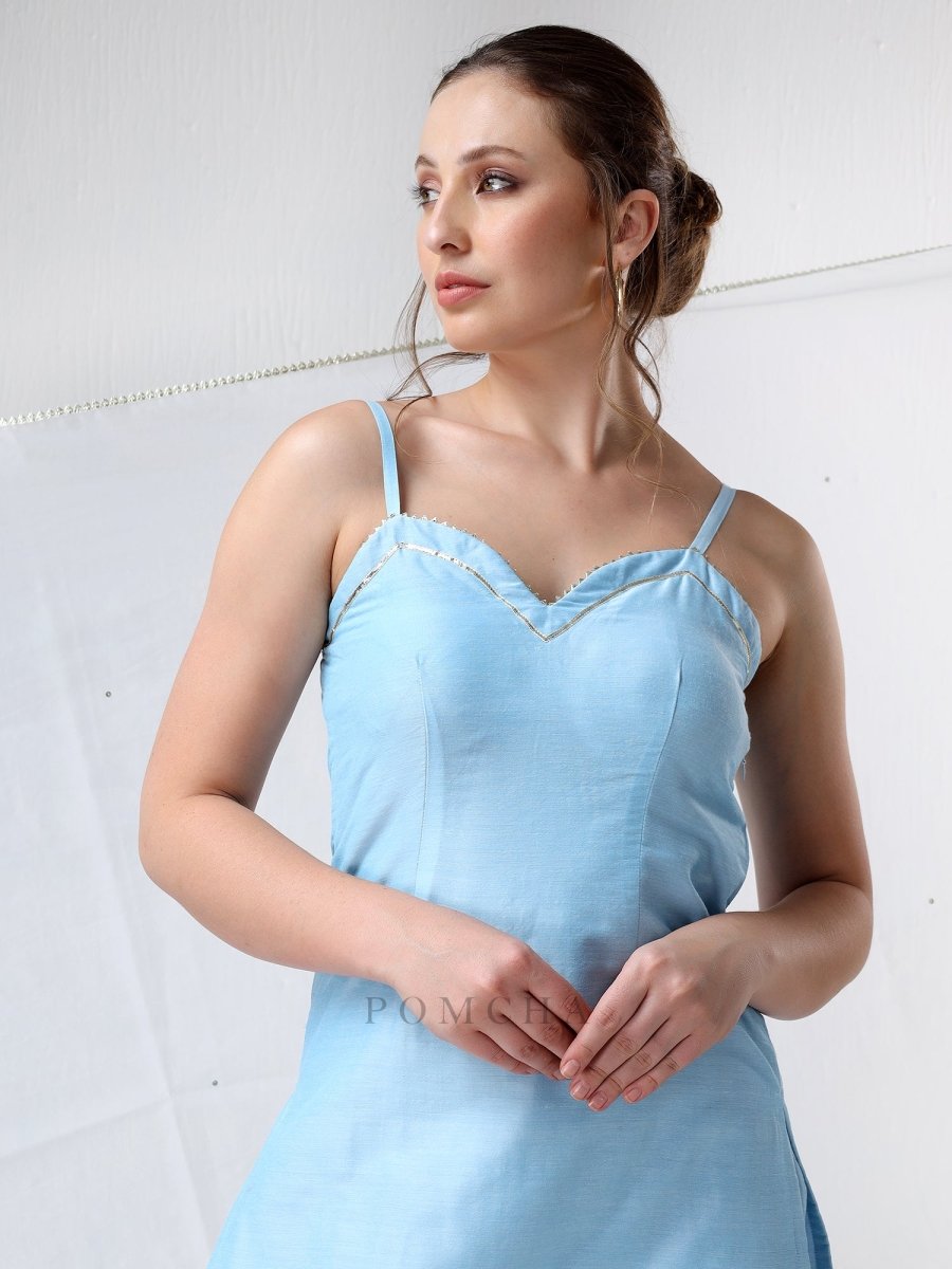 SADABHAR AQUA BLUE COTTON SILK SUIT SET - Pomcha Jaipur