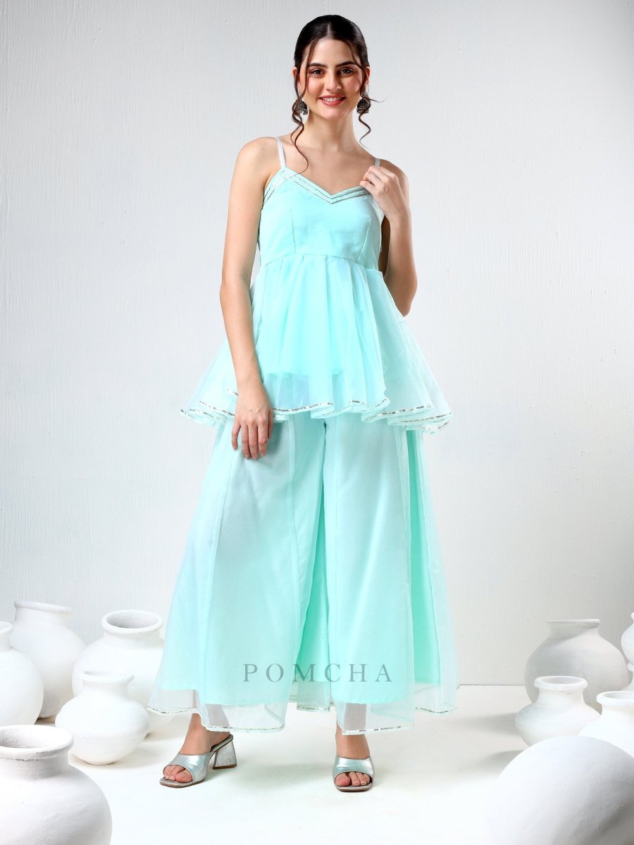SADABHAR AQUA BLUE ORGANZA COORD SET - Pomcha Jaipur