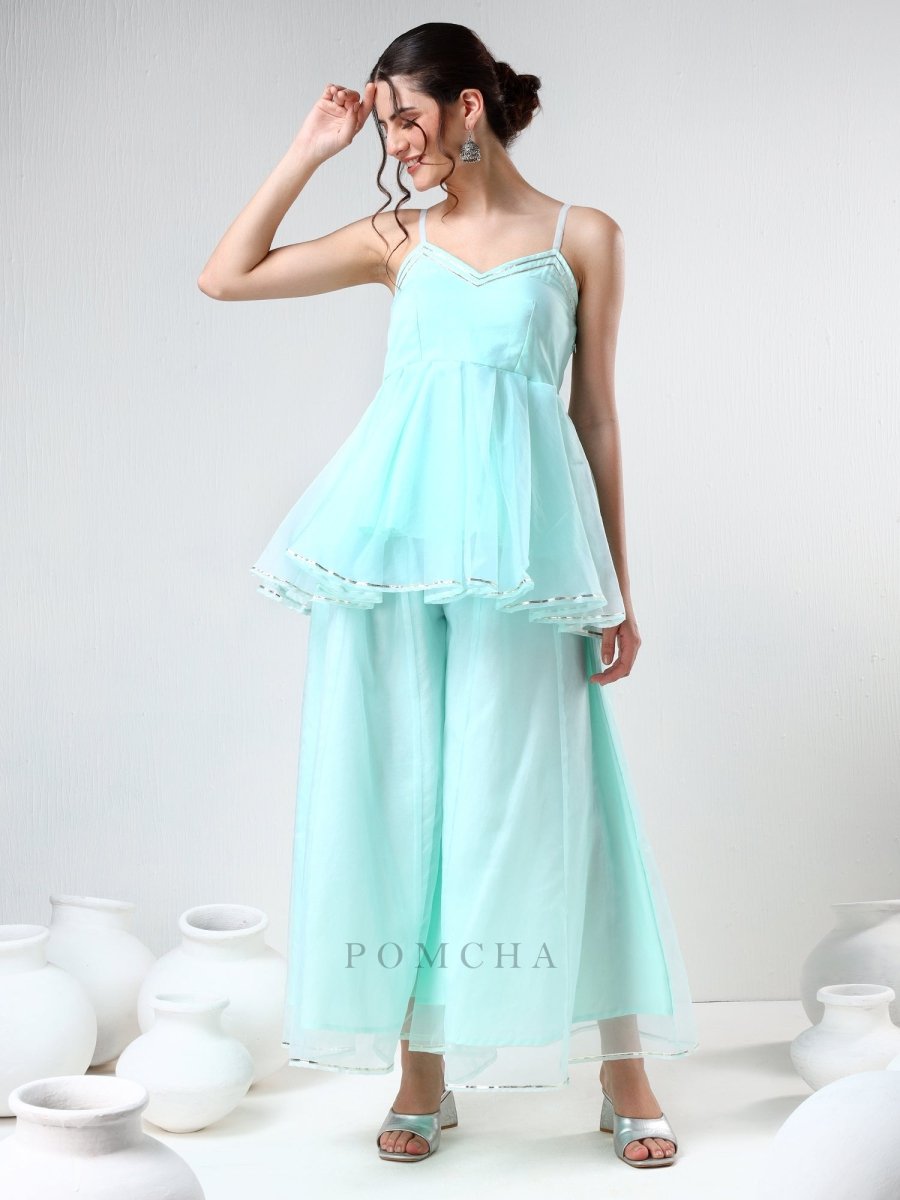 SADABHAR AQUA BLUE ORGANZA COORD SET - Pomcha Jaipur