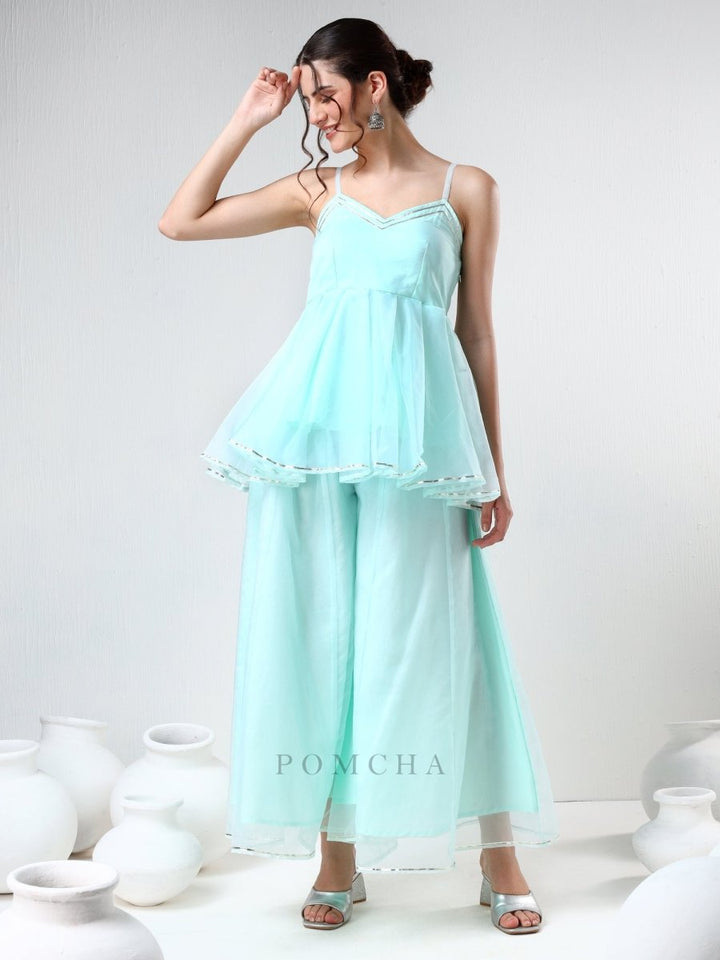 SADABHAR AQUA BLUE ORGANZA COORD SET - Pomcha Jaipur