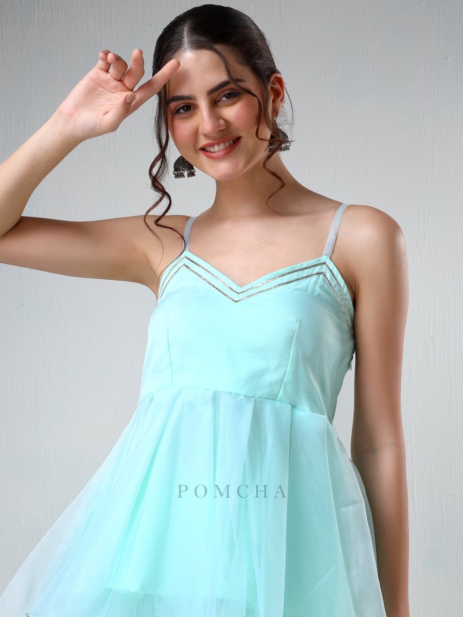 SADABHAR AQUA BLUE ORGANZA COORD SET - Pomcha Jaipur