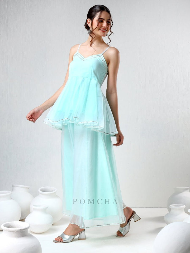 SADABHAR AQUA BLUE ORGANZA COORD SET - Pomcha Jaipur