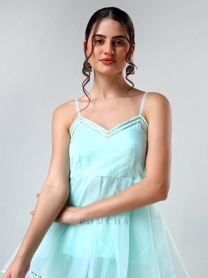 SADABHAR AQUA BLUE ORGANZA COORD SET - Pomcha Jaipur