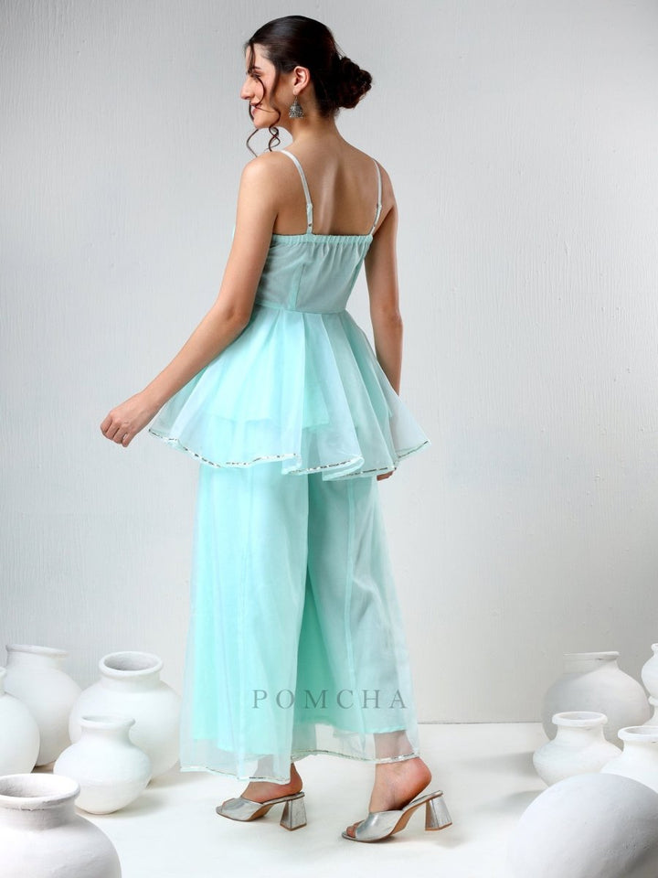 SADABHAR AQUA BLUE ORGANZA COORD SET - Pomcha Jaipur