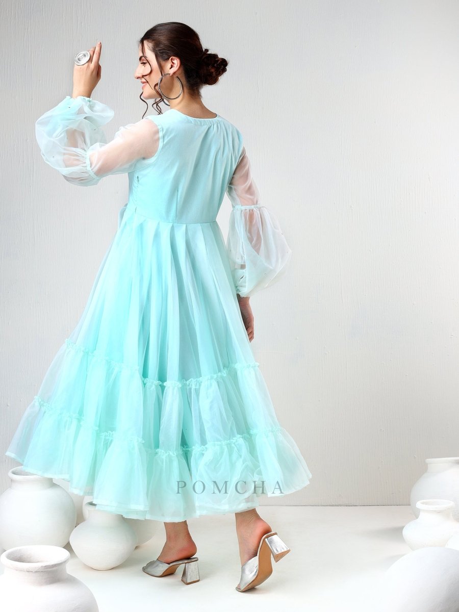 SADABHAR AQUA BLUE ORGANZA DRESS - Pomcha Jaipur