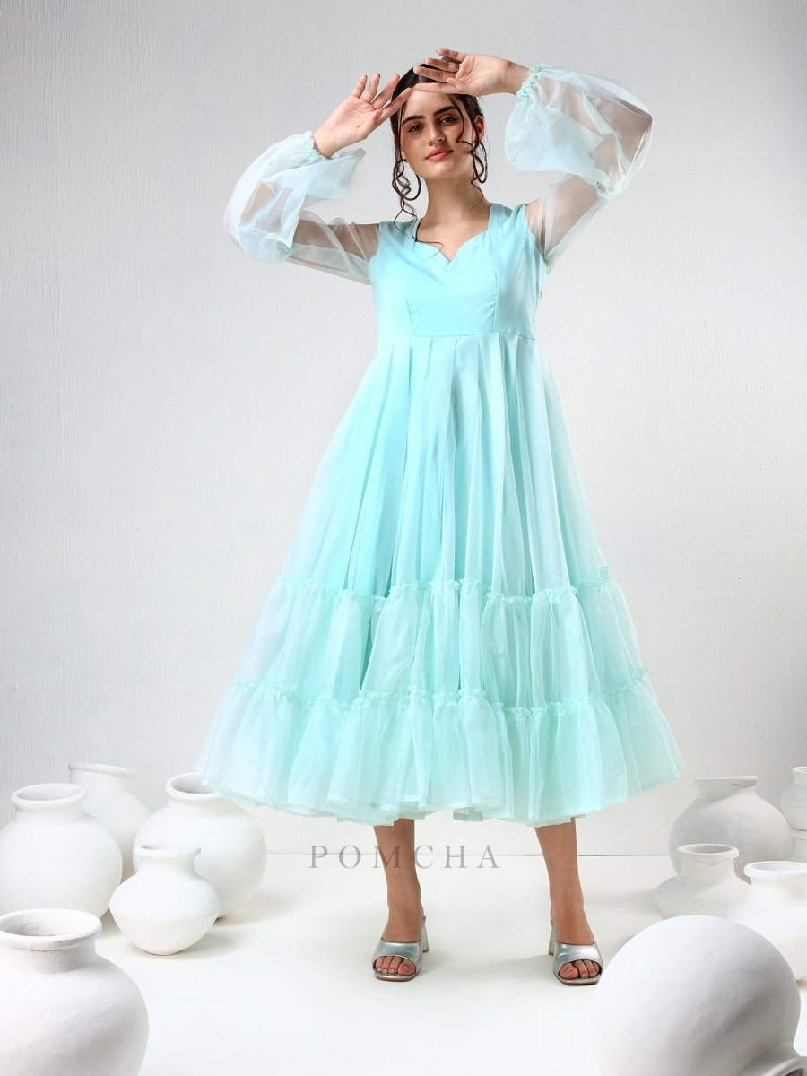SADABHAR AQUA BLUE ORGANZA DRESS - Pomcha Jaipur