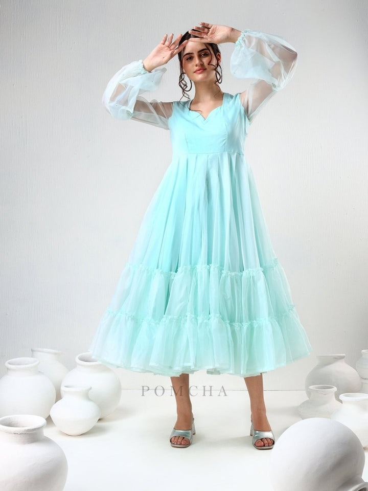 SADABHAR AQUA BLUE ORGANZA DRESS - Pomcha Jaipur