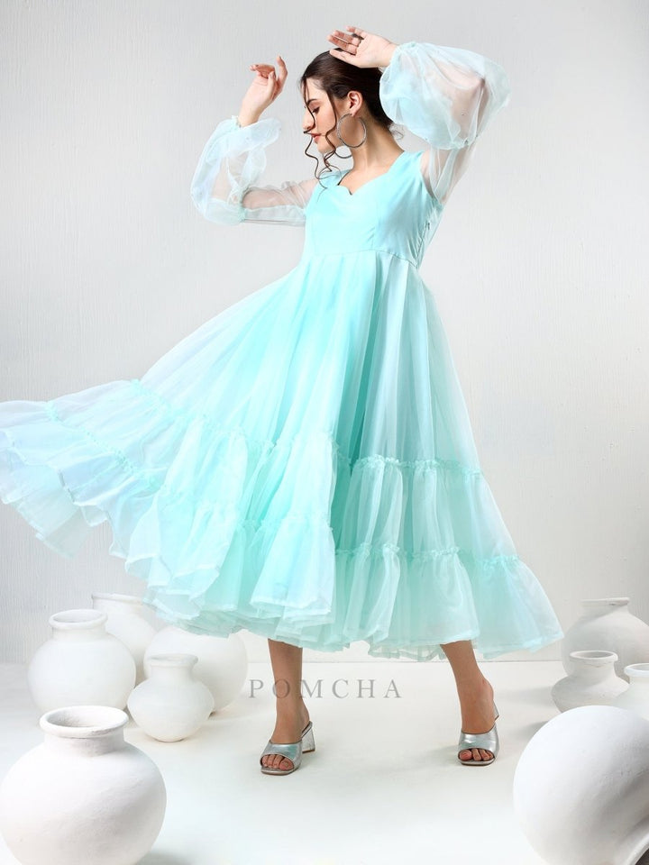 SADABHAR AQUA BLUE ORGANZA DRESS - Pomcha Jaipur