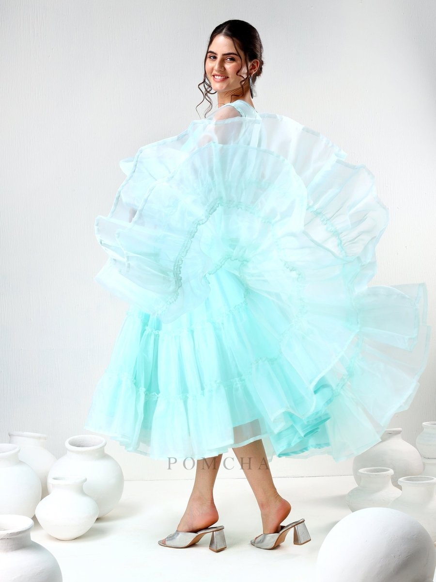 SADABHAR AQUA BLUE ORGANZA DRESS - Pomcha Jaipur