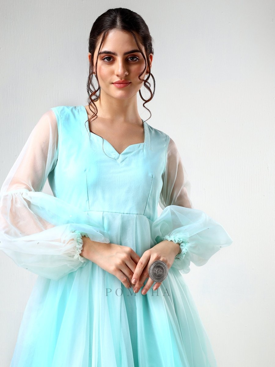 SADABHAR AQUA BLUE ORGANZA DRESS - Pomcha Jaipur