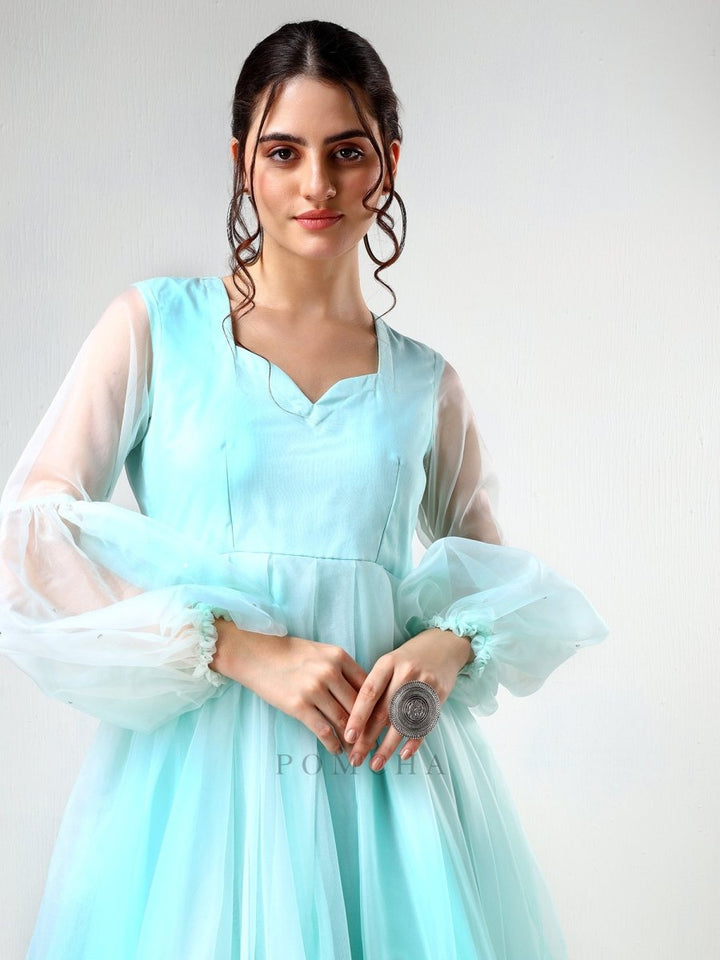 SADABHAR AQUA BLUE ORGANZA DRESS - Pomcha Jaipur