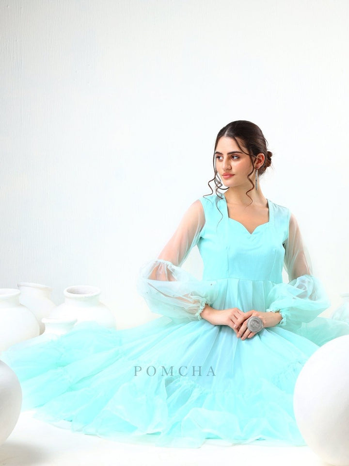 SADABHAR AQUA BLUE ORGANZA DRESS - Pomcha Jaipur