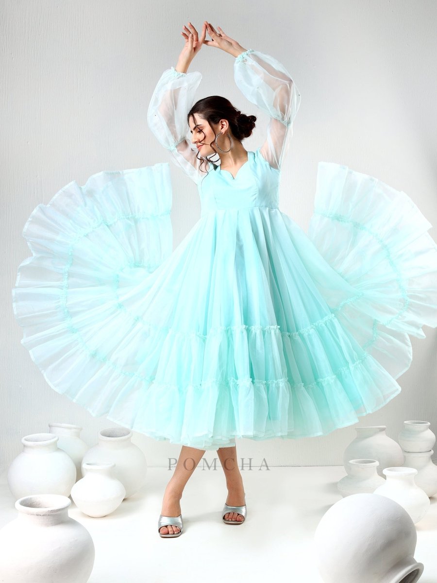 SADABHAR AQUA BLUE ORGANZA DRESS - Pomcha Jaipur