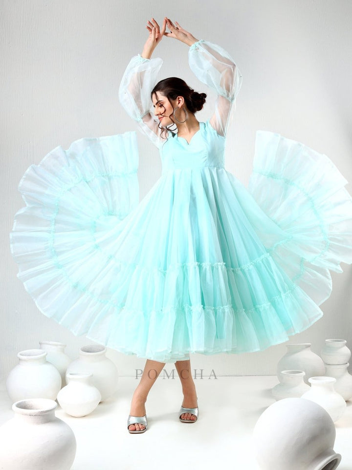 SADABHAR AQUA BLUE ORGANZA DRESS - Pomcha Jaipur