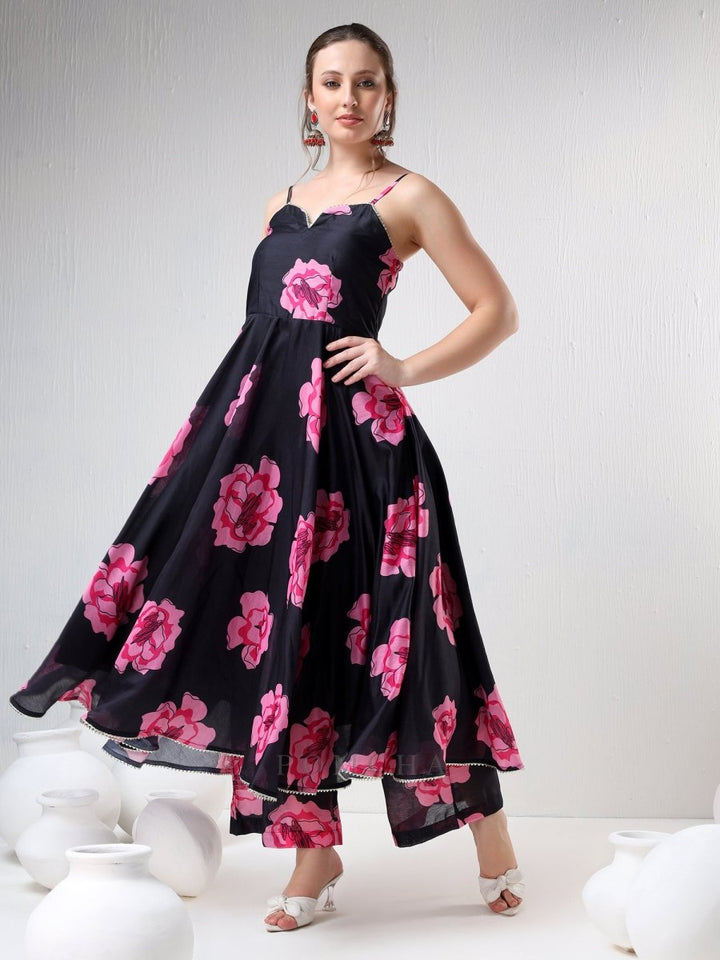 SADABHAR BLACK CARNATION ORGANZA ANARKALI SET - Pomcha Jaipur