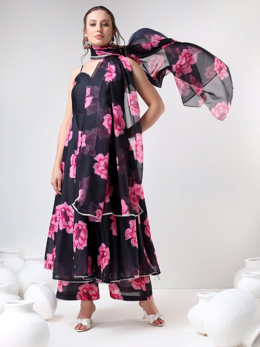SADABHAR BLACK CARNATION ORGANZA ANARKALI SET - Pomcha Jaipur
