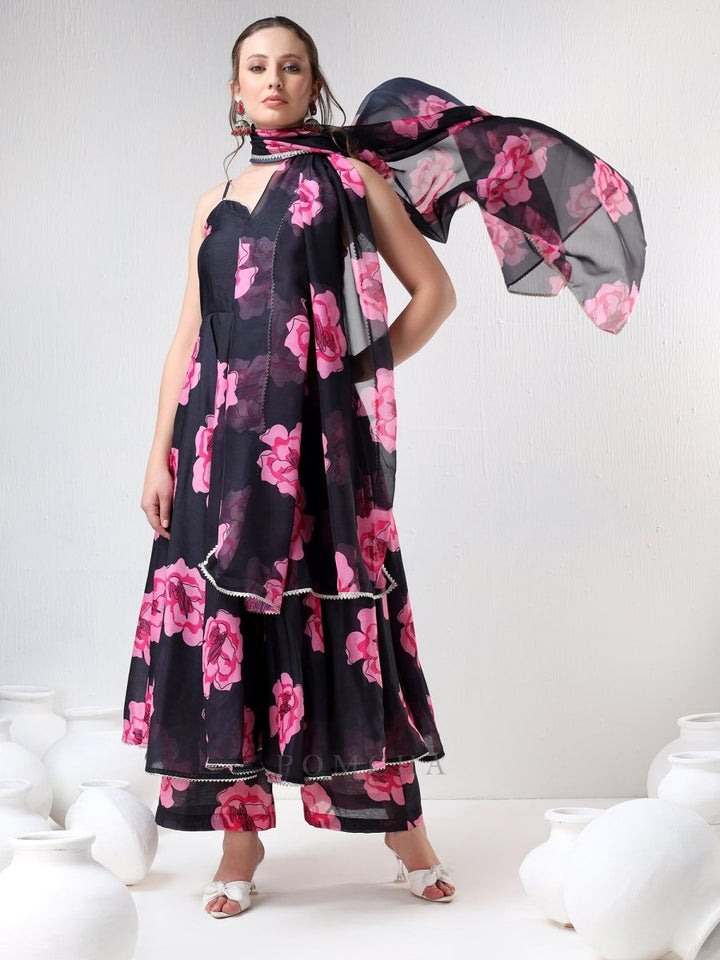 SADABHAR BLACK CARNATION ORGANZA ANARKALI SET - Pomcha Jaipur