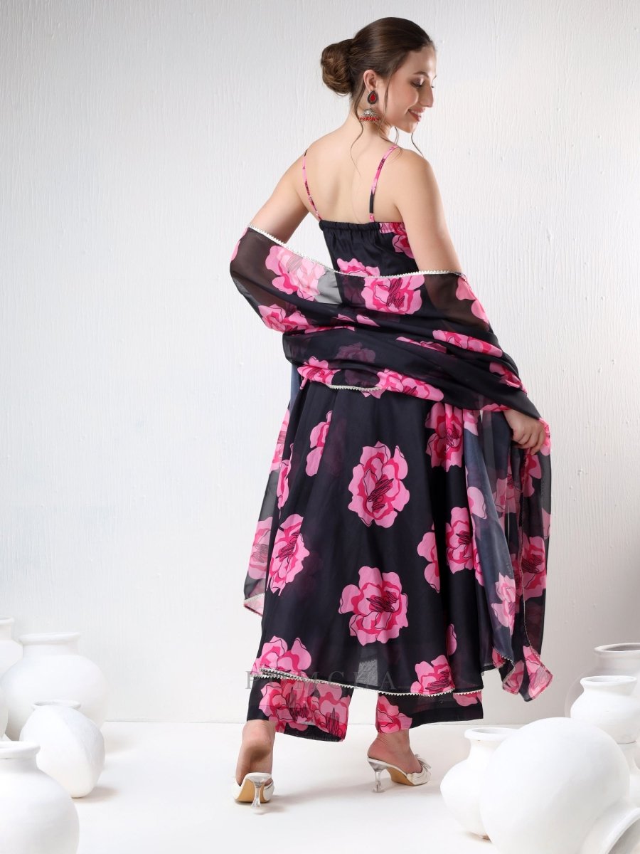 SADABHAR BLACK CARNATION ORGANZA ANARKALI SET - Pomcha Jaipur