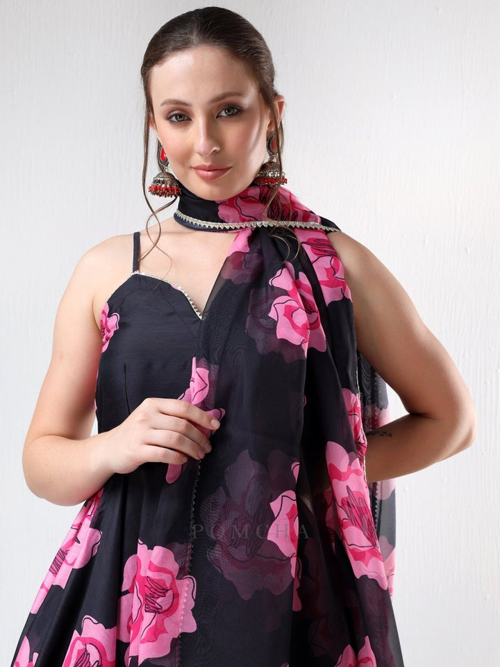 SADABHAR BLACK CARNATION ORGANZA ANARKALI SET - Pomcha Jaipur