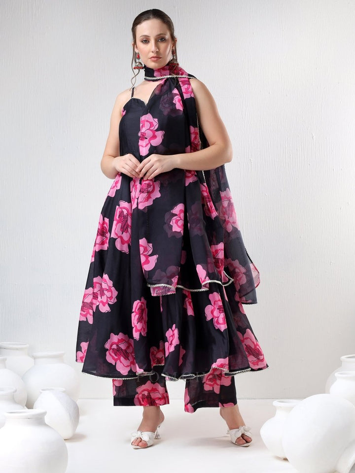 SADABHAR BLACK CARNATION ORGANZA ANARKALI SET - Pomcha Jaipur
