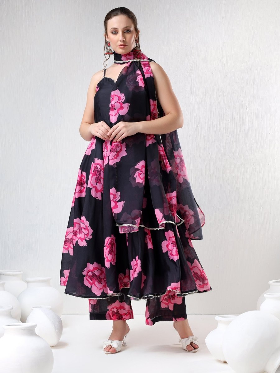 SADABHAR BLACK CARNATION ORGANZA ANARKALI SET - Pomcha Jaipur
